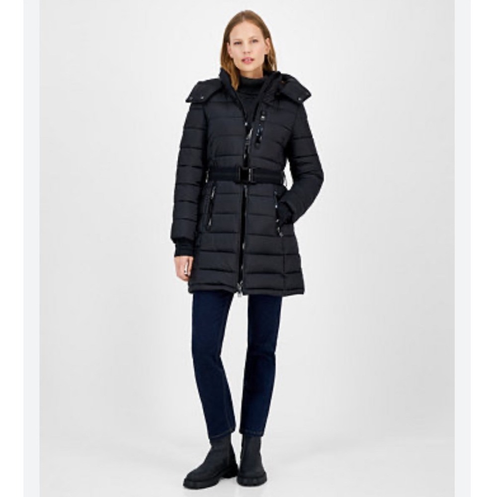 Michael Kors Womens Belted Hooded Puffer Coat Black XL Mid-Length Zip‎ Gorpcore